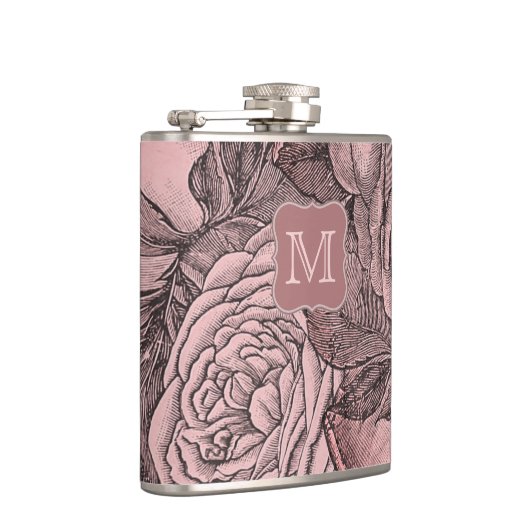 Decoratieve Rozen Blush Pink Monogram Heupfles (Rechts)