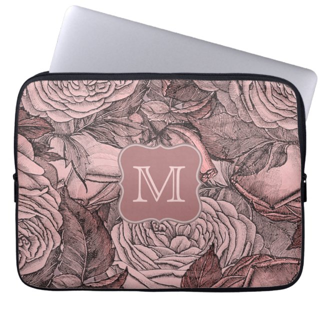 Decoratieve Rozen Blush Pink Monogram Laptop Sleeve (Voorkant)