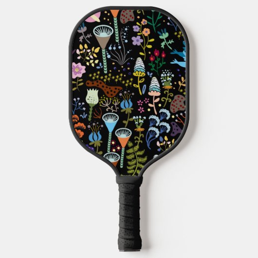 decoratieve , scandinavische bloemen op zwart pickleball paddle (Voorkant)