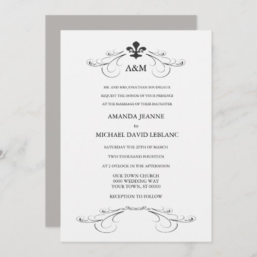 Decoratieve scroller Fleur de Lis Wedding (grijs) Kaart (Voorkant / Achterkant)