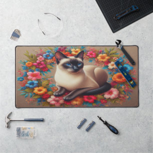 Decoratieve Siamese Kat Kleurrijke Bloemen Rand Bureaumat