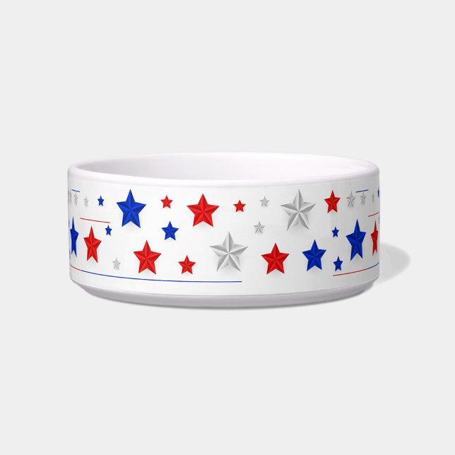 Decoratieve sterren huisdierbak voerbakje (A decorative pet bowl adorned with red, white, and blue stars.)