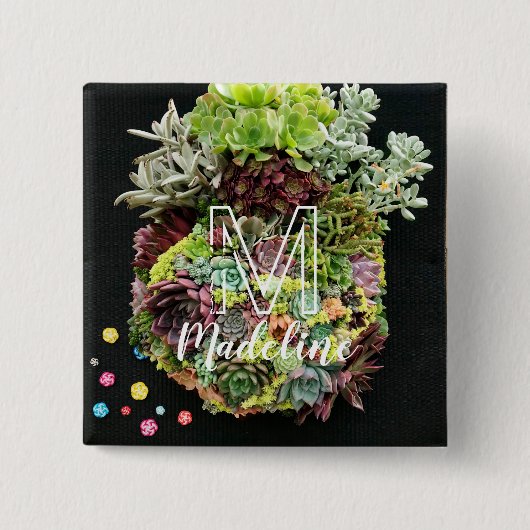Decoratieve succulenten vierkante button 5,1 cm (Voorkant)