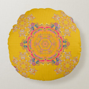 Decoratieve symmetrie arabesque. Beige, roze en ge Rond Kussen