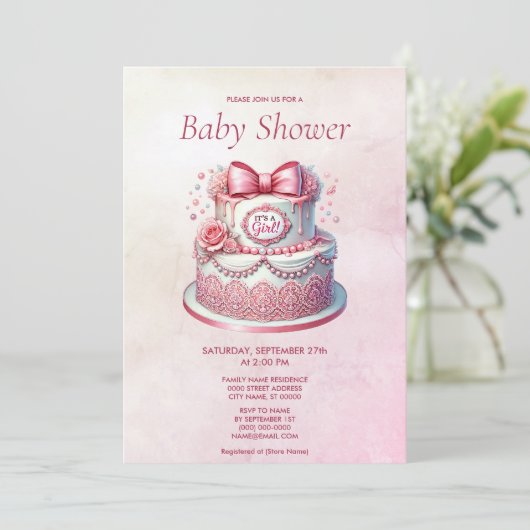 Decoratieve taart Roze strik Baby shower Uitnodigi Kaart (Staand voorkant)