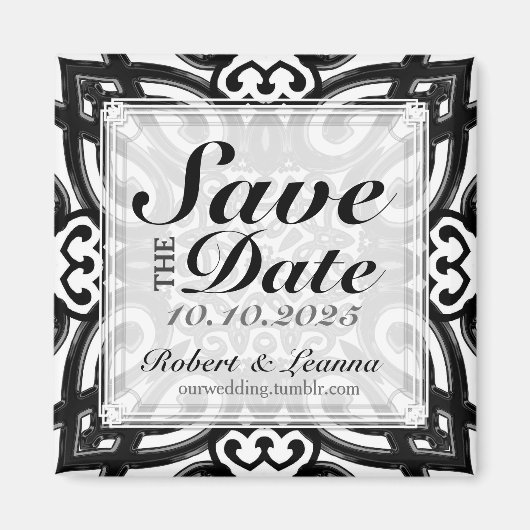 Decoratieve Twin Hearts Zwart Wit Save the Date Magneet (Voorkant)