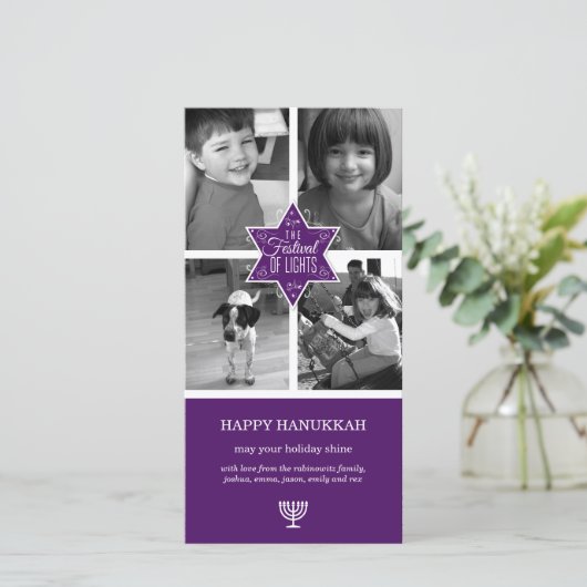 Decoratieve Typografie Paarse Star Hanukkah Feestdagenkaart (Staand voorkant)