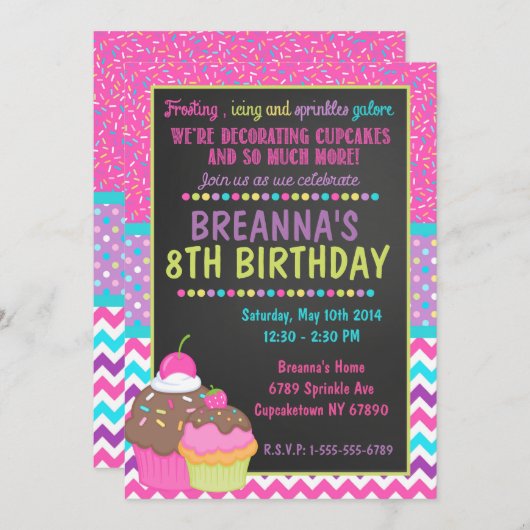 Decoratieve uitnodiging voor Cupcake Party (Voorkant / Achterkant)