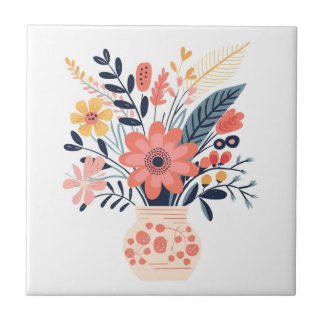 Decoratieve Vaas en bloemen geïllustreerd Tegeltje