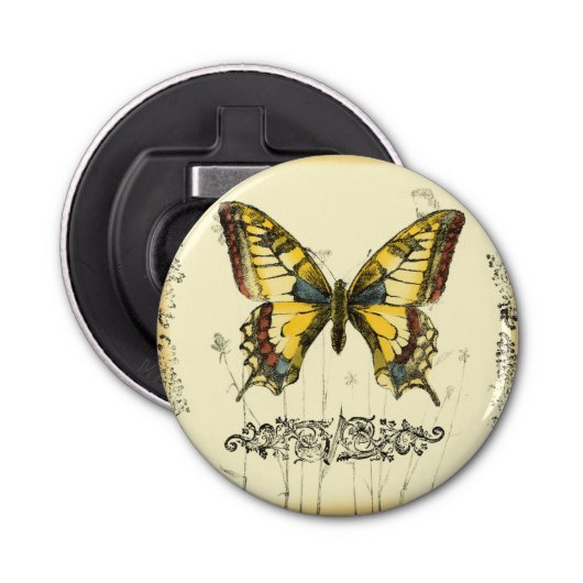 Decoratieve vlinder met wilde bloemen button flesopener (Voorkant)