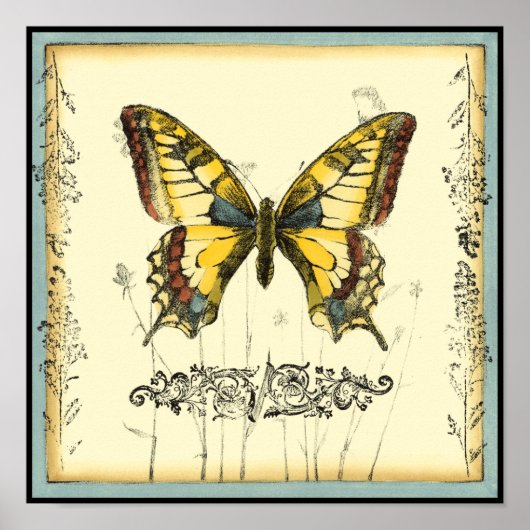 Decoratieve vlinder met wilde bloemen poster (Voorkant)