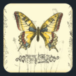 Decoratieve vlinder met wilde bloemen vierkante sticker<br><div class="desc">Een heldere,  decoratieve vlinder is het onderwerp van dit stuk van Jennifer Goldberger. Wilde bloemen worden getrokken aan de zijkanten en onder de enorme vlinder. Een mooie pastelgrens voltooit de scène. Bestel vandaag uw afdruk!</div>