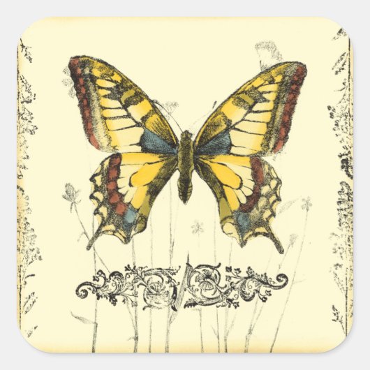 Decoratieve vlinder met wilde bloemen vierkante sticker (Voorkant)