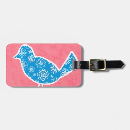 Decoratieve vogel met patronen op roze achtergrond bagagelabel (Voorkant horizontaal)