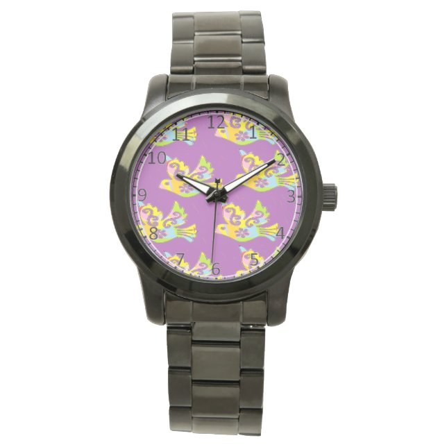 decoratieve vogels op paars horloge (Voorkant)