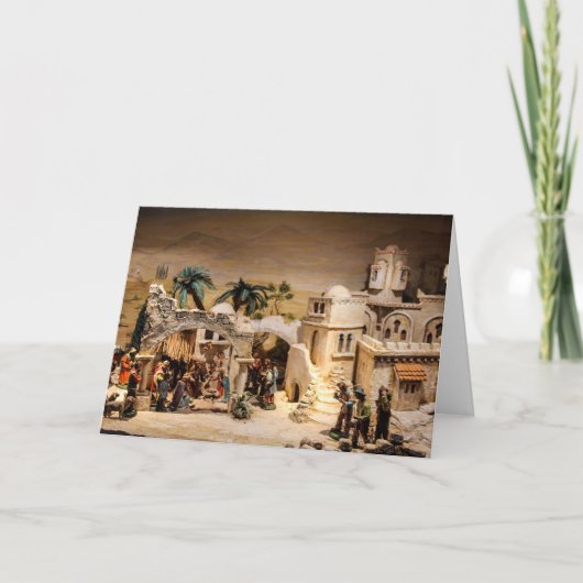 Decoratieve vrolijke kerststal scene feestdagen kaart (Voorkant)