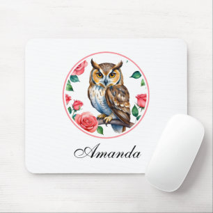 Decoratieve Waterverf Uil met Rozen Muismat