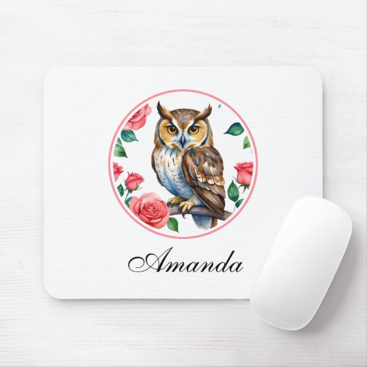 Decoratieve Waterverf Uil met Rozen Muismat (Met muis)