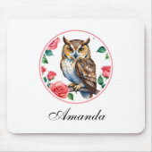 Decoratieve Waterverf Uil met Rozen Muismat (Voorkant)