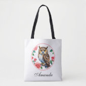 Decoratieve Waterverf Uil met Rozen Tote Bag (Voorkant)