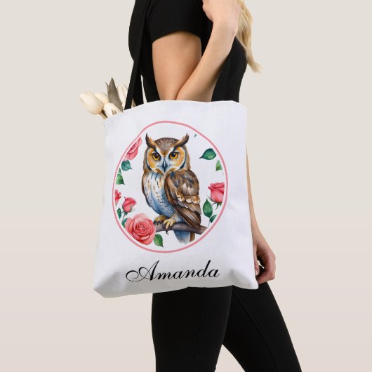 Decoratieve Waterverf Uil met Rozen Tote Bag (Dichtbij)