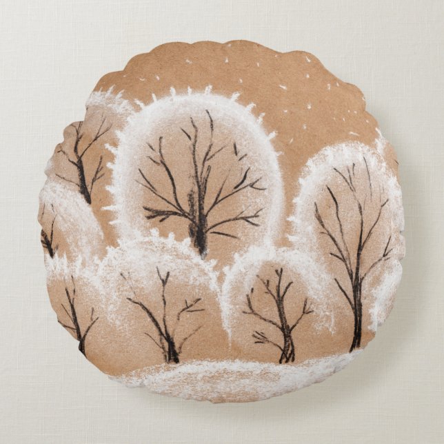 Decoratieve witte bomen. Wintertakken. Een hand-dr Rond Kussen (Voorkant)