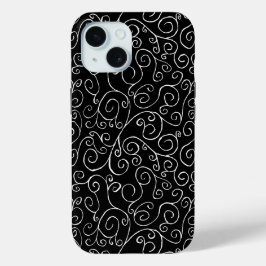 Decoratieve witte scrollende krommen op zwart iPhone 15 case
