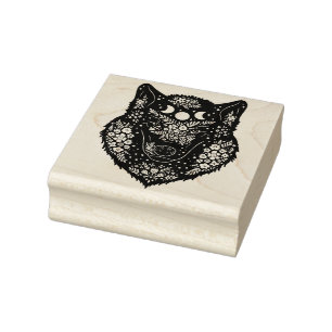 Decoratieve wolf met bloemen en maan rubberstempel
