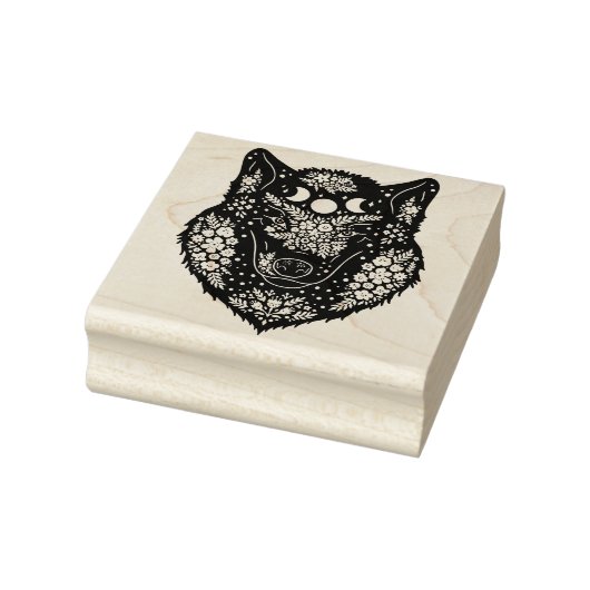 Decoratieve wolf met bloemen en maan rubberstempel (Stempel)