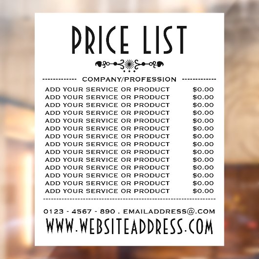 Decoratieve Zakelijke Prijslijst en Informatie Raamsticker (Vel 2)