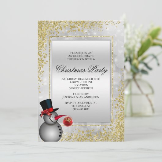 Decoratieve Zilveren Sneeuwman & Gouden Glitter Ke Kaart (Staand voorkant)