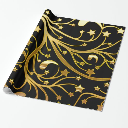 Decoratieve zwart gouden look chique kerststerren cadeaupapier (Uitgerold)