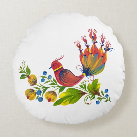 Decorative Bird with Flowers & Berries Rond Kussen (Voorkant)