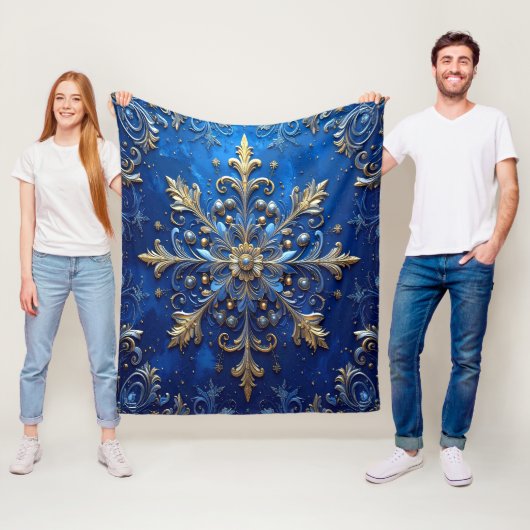 Decorative Blue Gold Fleece Blanket (In situ)