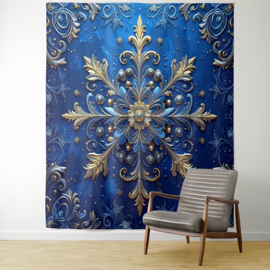 Decorative Blue Gold Holiday Backdrop Wandkleed (In situ)
