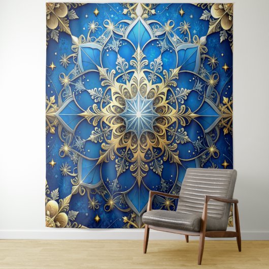 Decorative Blue Gold Holiday Backdrop Wandkleed (In situ)