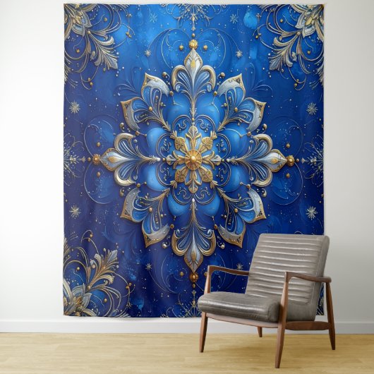 Decorative Blue Gold Holiday Backdrop Wandkleed (In situ)