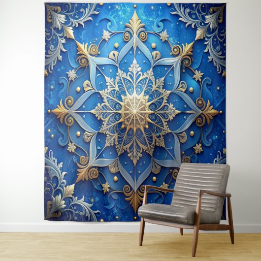 Decorative Blue Gold Holiday Backdrop Wandkleed (In situ)