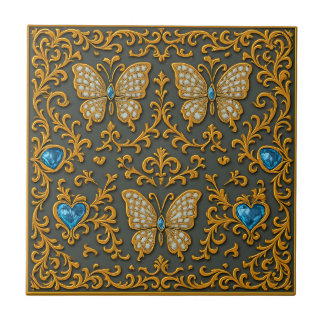 Decorative Butterfly Design in Gold and Blue Tegeltje