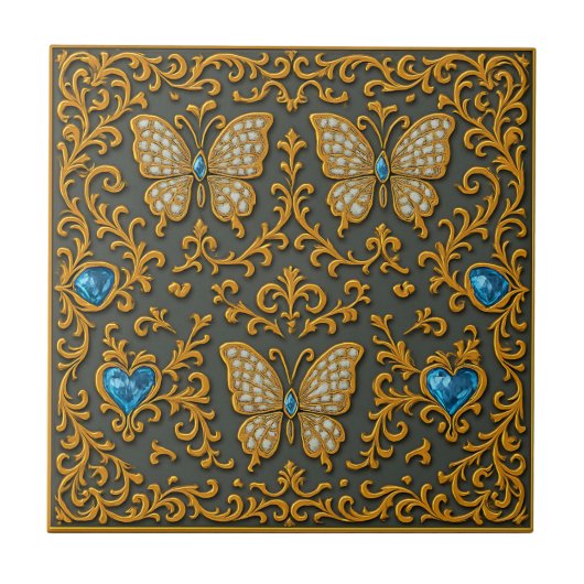 Decorative Butterfly Design in Gold and Blue Tegeltje (Voorkant)