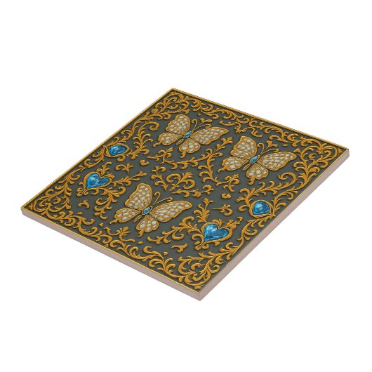 Decorative Butterfly Design in Gold and Blue Tegeltje (Zijkant)