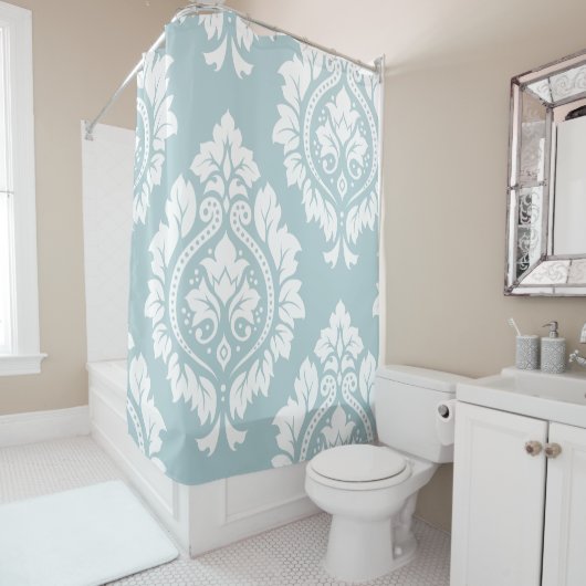 Decorative Damask Art I White on Duck Egg Blue Douchegordijn (In situ)