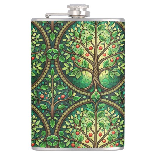 Decorative flask featuring a vibrant tree design  heupfles (Voorkant)
