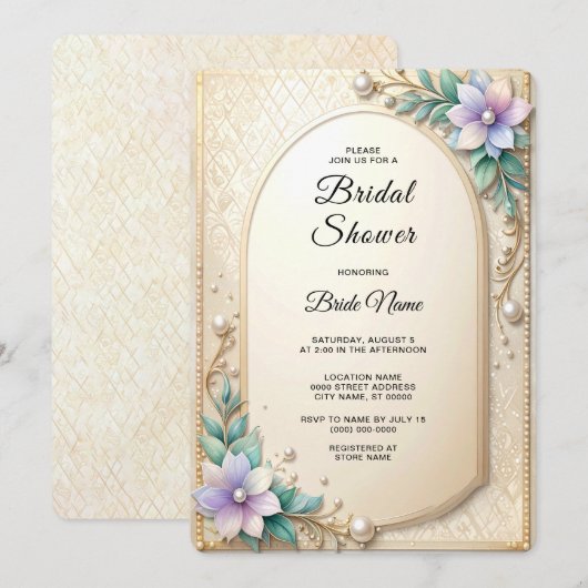 Decorative Floral Frame with Pearls Bridal Shower Kaart (Voorkant / Achterkant)