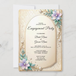 Decorative Floral Frame with Pearls Engagement Kaart
