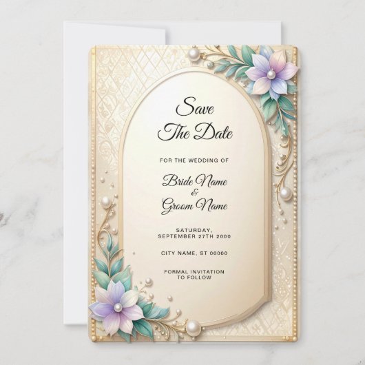 Decorative Floral Frame with Pearls Save The Date (Voorkant)