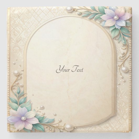 Decorative Floral Frame with Pearls Stone Coaster Stenen Onderzetter (Voorkant)