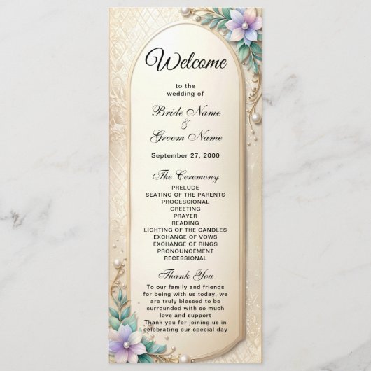 Decorative Floral Frame with Pearls Wedding  Programmakaart (Voorkant)