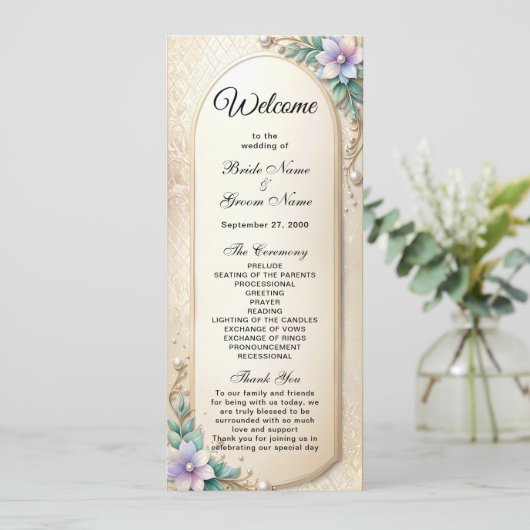 Decorative Floral Frame with Pearls Wedding  Programmakaart (Staand voorkant)