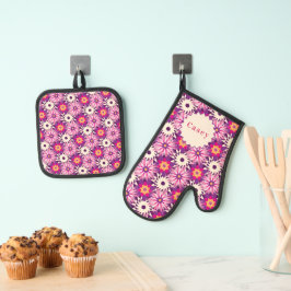 Decorative Floral pattern Pink Purple Astra Modern Ovenwant & Pannenlap Set